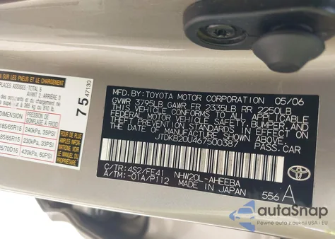 2006 Toyota Prius from USA, damaged, VIN JTDKB20U467500387